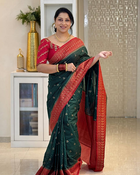 Enamoring Dark Green Soft Silk Saree With Jazzy Blouse Piece