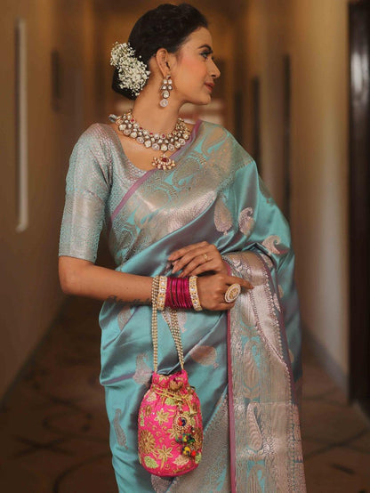 Scintillating Firozi Soft Banarasi Silk Saree With Preferable Blouse Piece