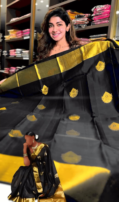 Beautiful Black Soft Banarasi Silk Saree With Snazzy Blouse Piece