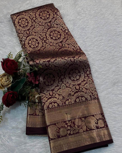 Blooming Wine Soft Banarasi Silk Saree With Blooming Blouse Piece