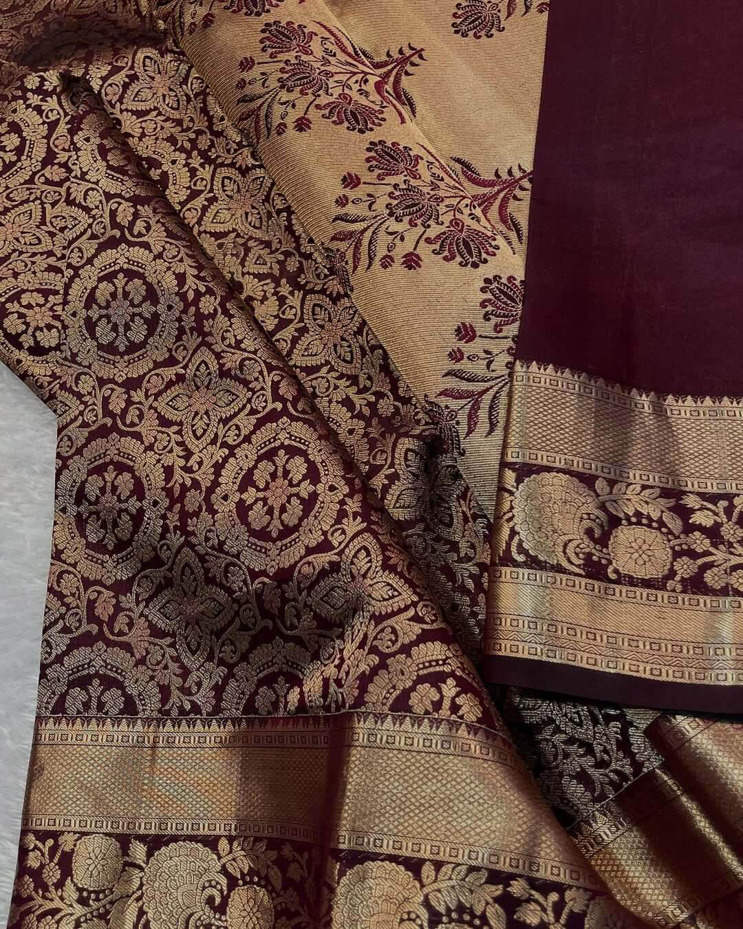 Blooming Wine Soft Banarasi Silk Saree With Blooming Blouse Piece
