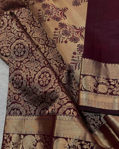 Blooming Wine Soft Banarasi Silk Saree With Blooming Blouse Piece