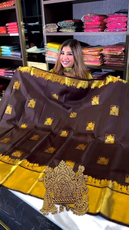 Artistic Brown Soft Banarasi Silk Saree With Snappy Blouse Piece