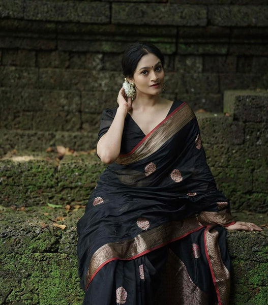 Surpassing Black Soft Silk Saree With Embellished Blouse Piece