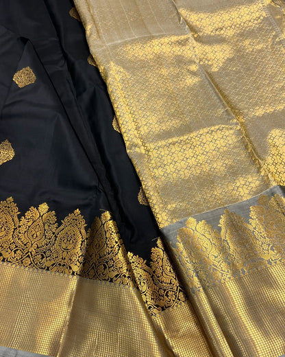 Beleaguer Black Soft Banarasi Silk Saree With Forbearance Blouse Piece