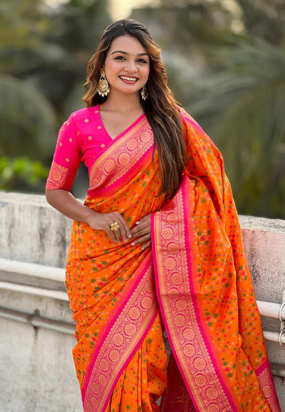 Imbrication Orange Soft Silk Saree With Rhapsodic Blouse Piece