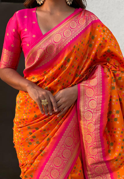 Imbrication Orange Soft Silk Saree With Rhapsodic Blouse Piece