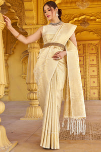 Skinny Beige Kanjivaram Silk Saree With Beautiful  Blouse Piece