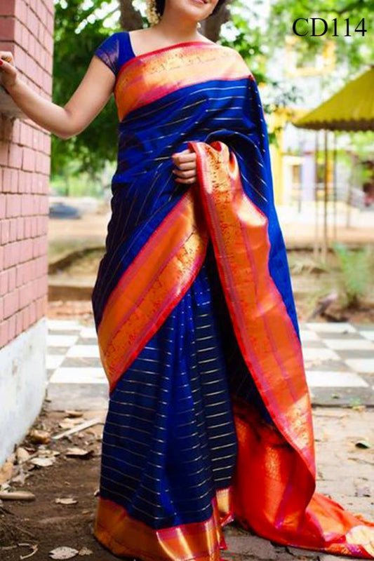 Blue Colored Classy Faux Silk Saree With Blouse Piece For Women