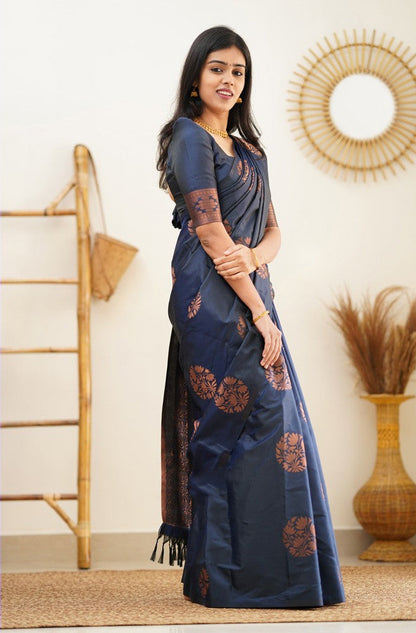 Profuse Navy Blue Soft Silk Saree With Engaging Blouse Piece