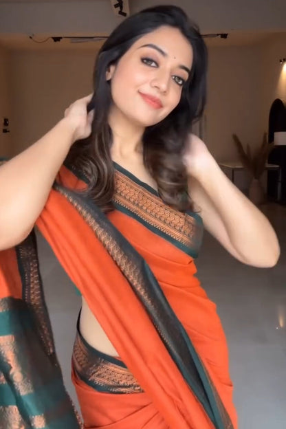 Marvellous Orange Soft Silk Saree With Unique Blouse Piece