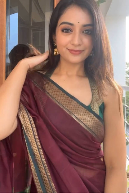Dulcet Wine Soft Silk Saree With Beguiling Blouse Piece