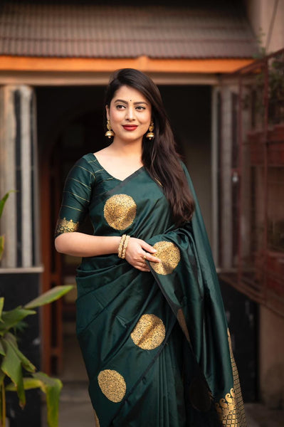 Ideal Dark Green Soft Silk Saree With Mesmeric Blouse Piece