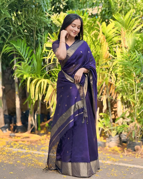 Attractive Purple Cotton Silk Saree With Incredible Blouse Piece