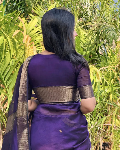 Attractive Purple Cotton Silk Saree With Incredible Blouse Piece