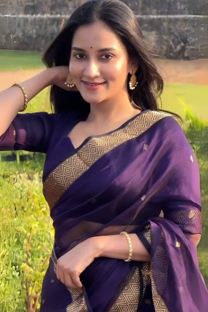 Winsome Purple Cotton Silk Saree With Forbearance Blouse Piece