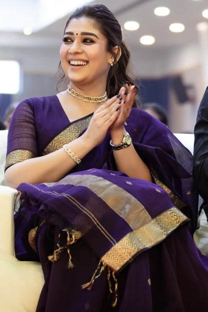 Bollywood Style Purple Cotton Silk Saree With Majestic Blouse Piece