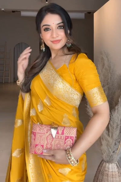 Extraordinary Yellow Soft Silk Saree With Glowing Blouse Piece
