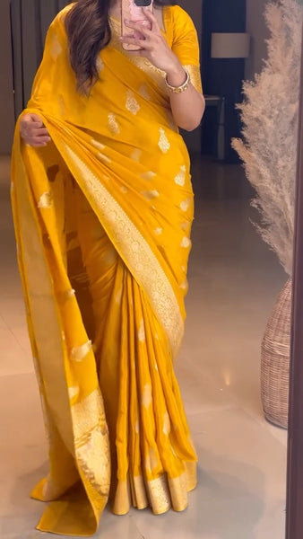 Extraordinary Yellow Soft Silk Saree With Glowing Blouse Piece