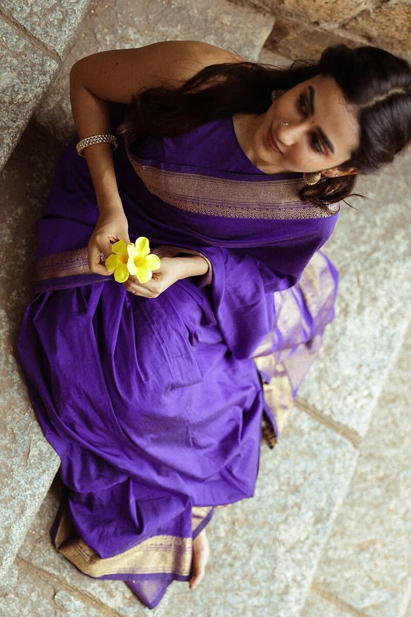 Flamboyant Purple Soft Silk Saree With Ethnic Blouse Piece