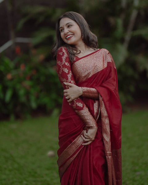 Amazing Maroon Soft Silk Saree With Rhapsody Blouse Piece