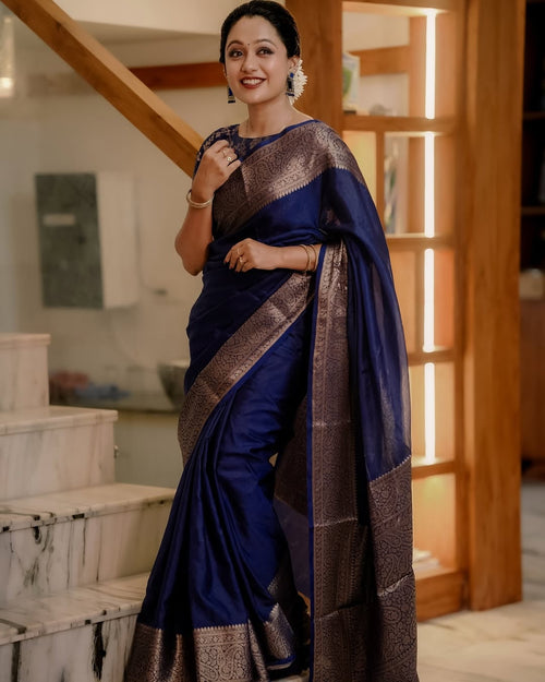 Felicitous Navy Blue Soft Silk Saree With Pretty Blouse Piece
