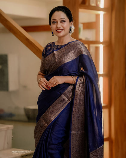 Felicitous Navy Blue Soft Silk Saree With Pretty Blouse Piece