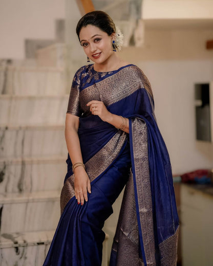 Felicitous Navy Blue Soft Silk Saree With Pretty Blouse Piece