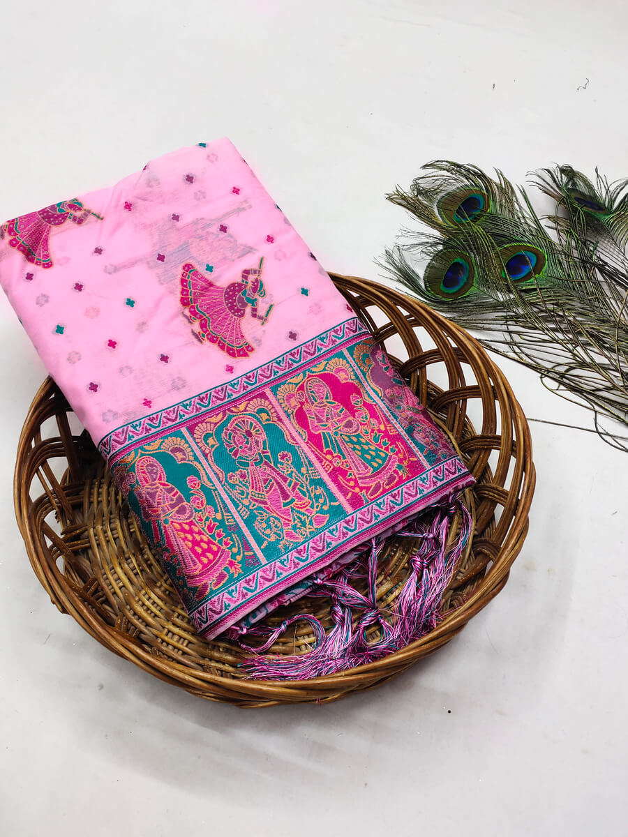 Woebegone Pink Pashmina Saree With Embellished Blouse Pieced