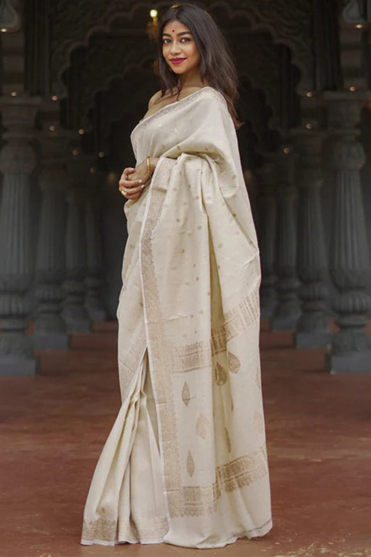 Stunning Beige Linen Silk Saree With Lovely Blouse Piece