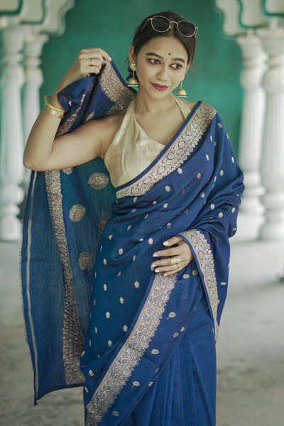 Vivacious Blue Linen Silk Saree With Captivating Blouse Piece