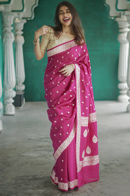 Trendy Dark Pink Linen Silk Saree With Profuse Blouse Piece