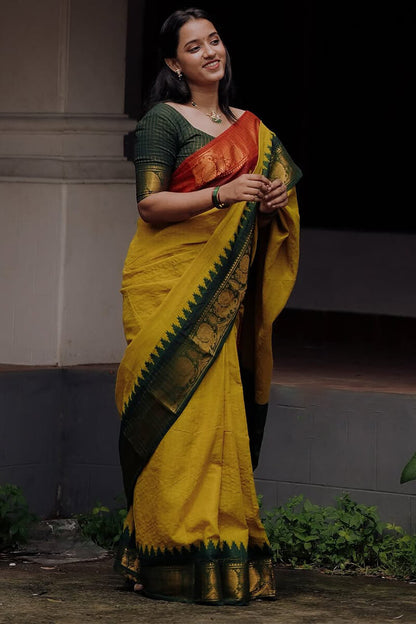 Flamboyant Yellow Soft Silk Saree With Ailurophile Blouse Piece