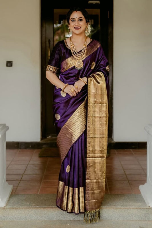 Evocative Purple Soft Banarasi Silk Saree With Piquant Blouse Piece