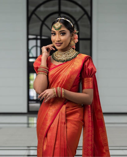 Deserving Red Soft Silk Saree with Energetic Blouse Piece