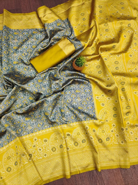 Girlish Grey Soft Silk Saree With Bewitching Blouse Piece