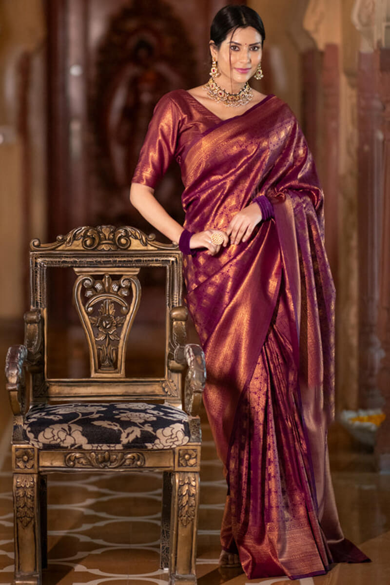 Flamboyant Wine Soft Silk Saree With Imaginative Blouse Piece