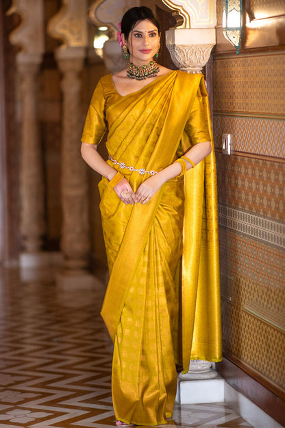 Impressive Yellow Soft Silk Saree With Chatoyant Blouse Piece