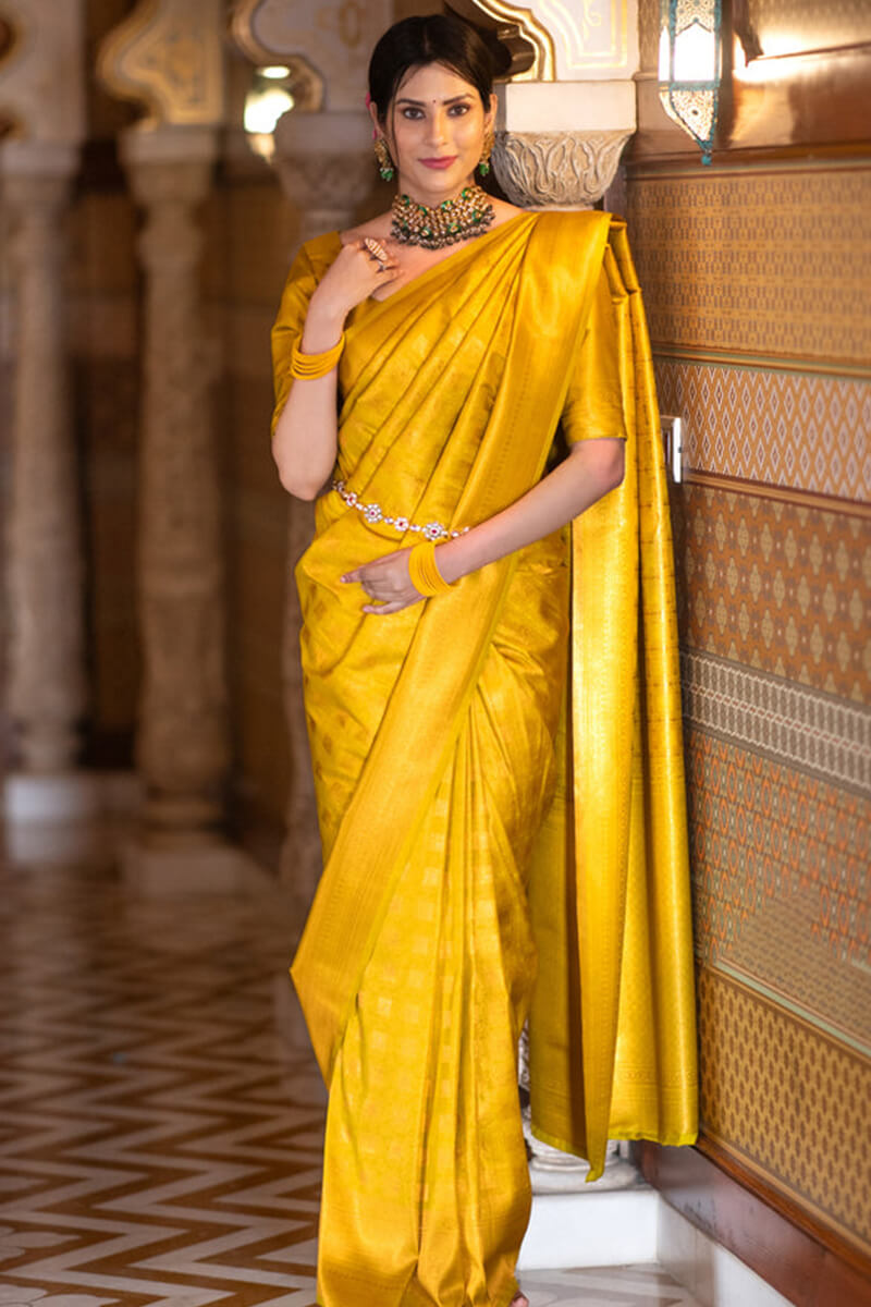 Impressive Yellow Soft Silk Saree With Chatoyant Blouse Piece