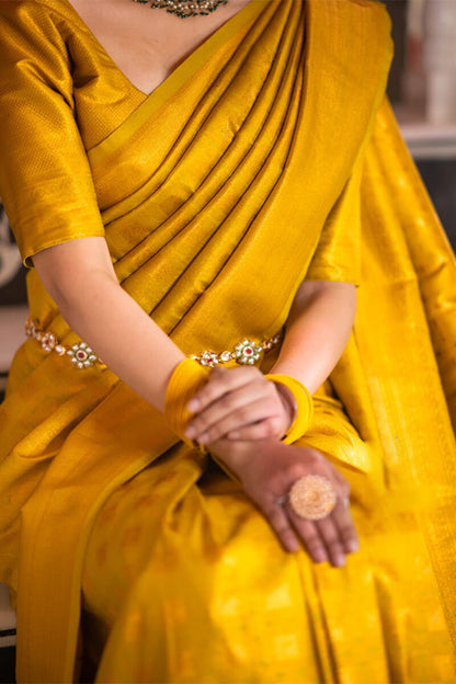 Impressive Yellow Soft Silk Saree With Chatoyant Blouse Piece