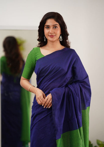 Surpassing Navy Blue Cotton Silk Saree With Blissful  Blouse Piece