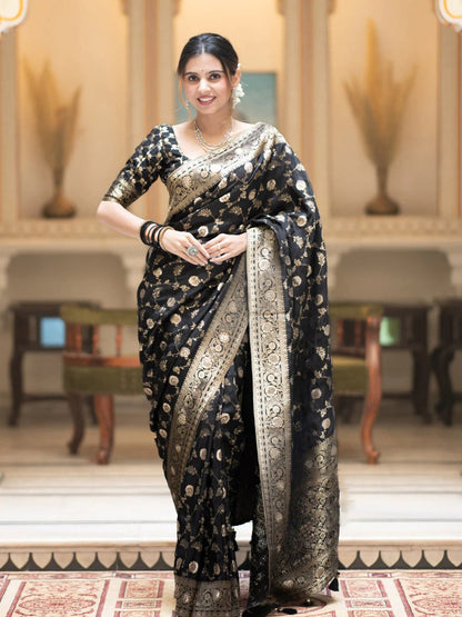 Captivating Black Soft Silk Saree With Jazzy Blouse Piece