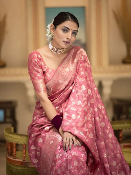 Amazing Pink Soft Silk Saree With Elegant Blouse Piece