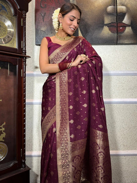 Murmurous Wine Soft Silk Saree With Seraglio Blouse Piece