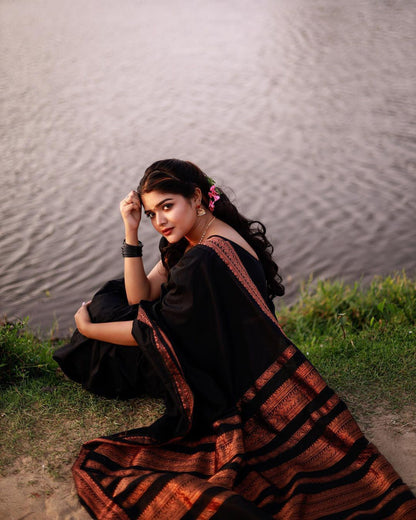 Skinny Black Soft Banarasi Silk Saree With Beauteous Blouse Piece