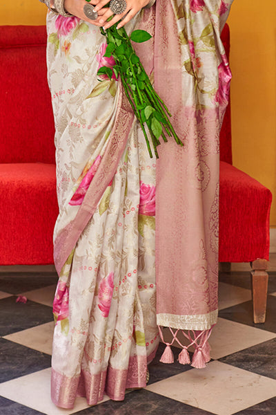 Beautiful Beige Digital Printed Cotton Silk Saree With Desuetude Blouse Piece
