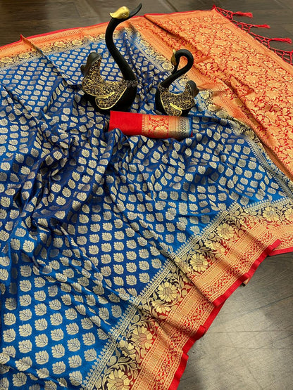 Excellent Royal Blue Soft Banarasi Silk Saree With Conflate Blouse Piece