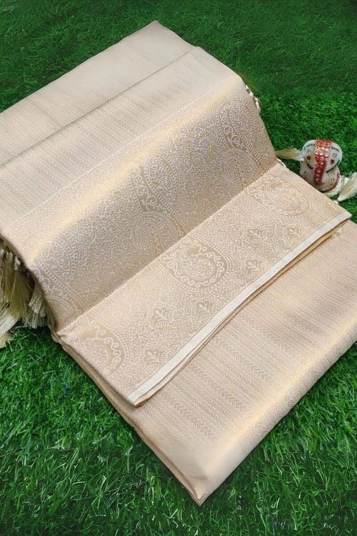 Stylish Beige Kanjivaram Silk Saree With Beautiful Blouse Piece