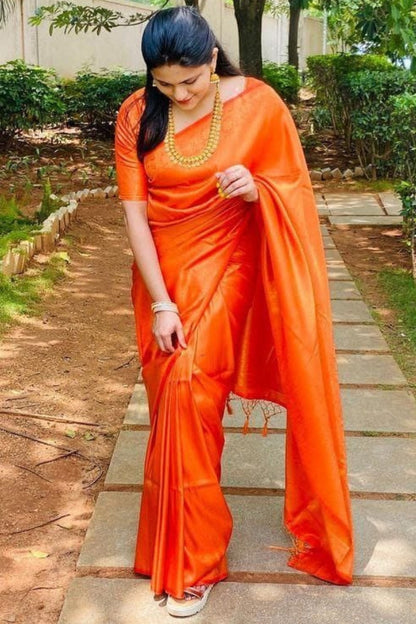 Brood Orange Kanjivaram Silk Saree With Diaphanous Blouse Piece