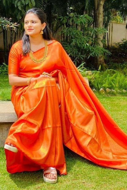 Brood Orange Kanjivaram Silk Saree With Diaphanous Blouse Piece